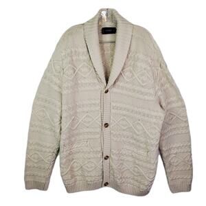 Lucky Brand Sweater Mens Large Cardigan Chunky Cable Knit Fisherman Cream Sz XL